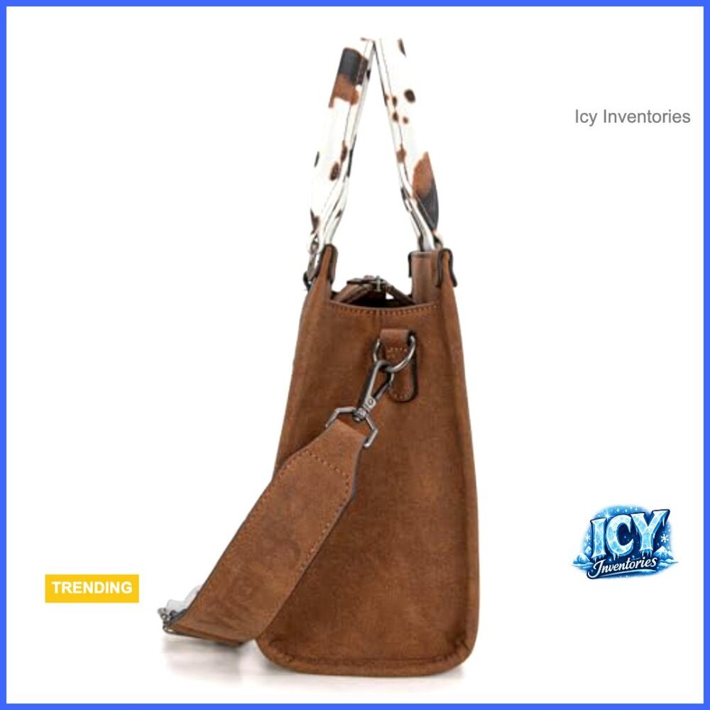 Western Retro Top Handle Tote Bag with Cow Print and Whipstitch Details - Picture 5 of 7